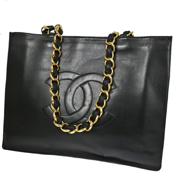 Auth CHANEL CC Logo Chain Shoulder Tote Bag Leather Black GHW France - Picture 1 of 16